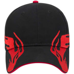 A black baseball cap with red flame designs and a logo on the front, featuring a low profile and six panels.