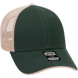 A green low profile trucker cap with a beige mesh back, featuring a black and white logo.