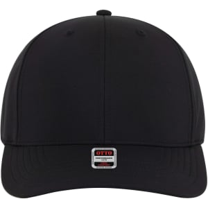 A black 6 panel mid-profile style baseball cap with a logo on the front.
