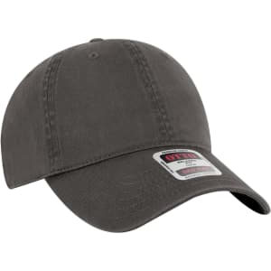 A grey 6 panel low profile dad cap with a logo on the front, featuring a curved brim and soft fabric.