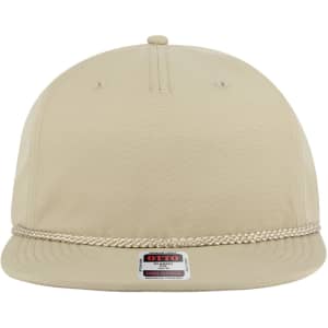 A beige 5 panel cap with a braided trim and a logo on the front.