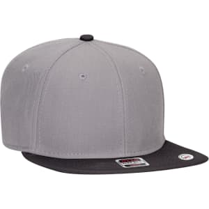 A grey six-panel mid-profile snapback cap with a black undervisor and logo branding.