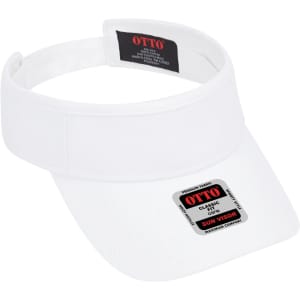 A white sun visor with a wide brim and an adjustable strap, featuring a logo and branding.