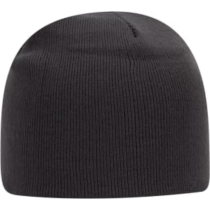 A classic black knit beanie with a smooth texture and fitted design, featuring a small logo.