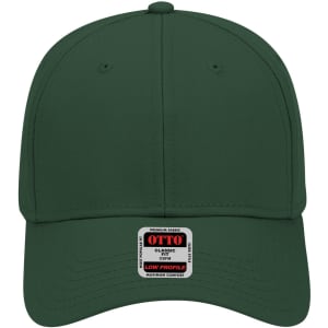 A green 6 panel low profile baseball cap with a logo on the front and a curved brim.