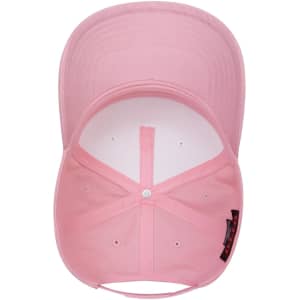 A pink 5-panel mid crown baseball cap featuring an interior view with a logo and ventilation holes.