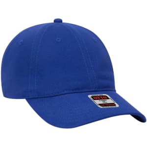 A blue 6 panel low profile baseball dad cap with a branded tag. Suitable for casual headwear.