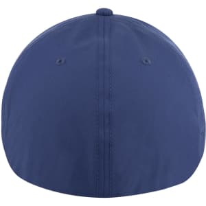 A navy blue 6 panel low profile style baseball cap with a logo on the front and ventilation holes.