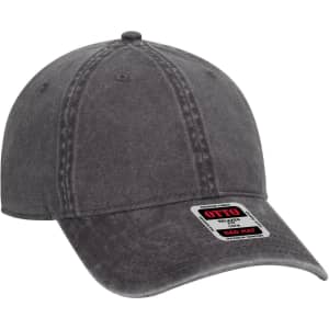 A grey 6-panel low profile dad cap with a curved brim and a logo on the front.
