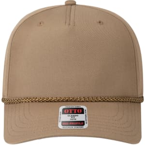 A beige 5 panel mid profile baseball cap featuring a braided band and a logo on the front.