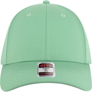 A mint green 6 panel low profile baseball cap with a logo on the front and ventilation eyelets.