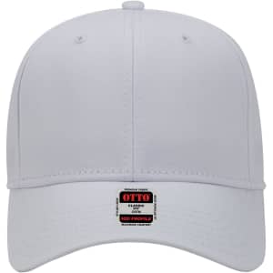 A white 6-panel mid-profile baseball cap with a branded label on the side.