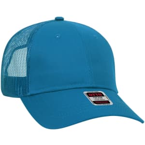 A blue low profile trucker cap with a mesh back and a logo on the front.