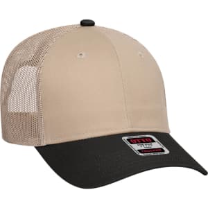 A beige and black 6 panel low profile trucker cap with a mesh back and a logo patch on the front.
