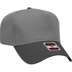 A grey 5-panel mid crown baseball cap with a darker peak and a logo on the front label.