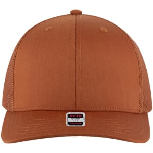 A brown six-panel mid-profile trucker cap with a mesh back and a small logo at the front.