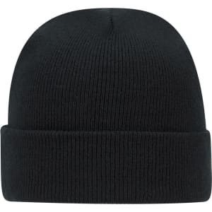 A black knit beanie with a ribbed texture and a folded cuff. It features a branding logo.
