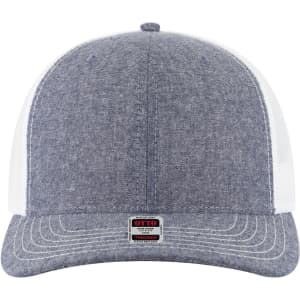 A grey mid-profile trucker cap with a mesh back and a logo on the front panel.
