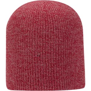 A red and grey rib knit beanie with a fitted design. It has a simple, unadorned look.
