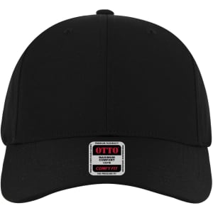 A black six-panel low profile baseball cap with a branded logo on the front.