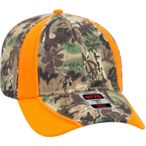 A camouflage baseball cap with bright orange accents and a logo on the front. It's low profile with six panels.