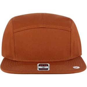 A brown 5 Panel Camper Hat with a flat brim and a logo on the front.
