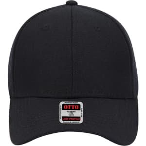 A black low profile baseball cap featuring a logo on the front and a structured design.