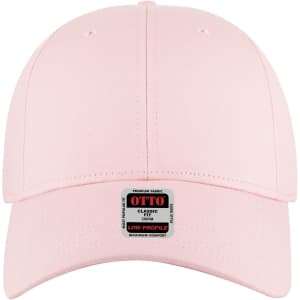 A pink 6 panel low profile baseball cap with a logo on the front.