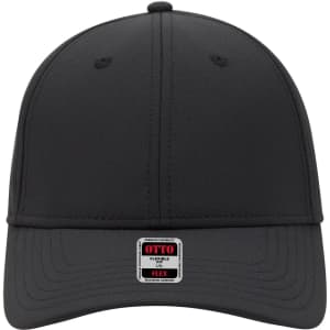 A black six-panel low profile baseball cap with a flexible fit. It features a logo on the front.