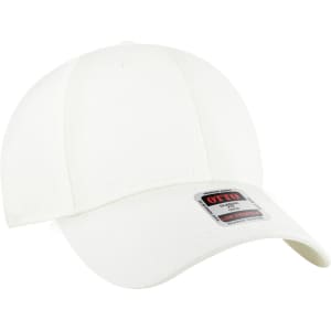 A white 6 panel low profile baseball cap featuring a logo on the front.
