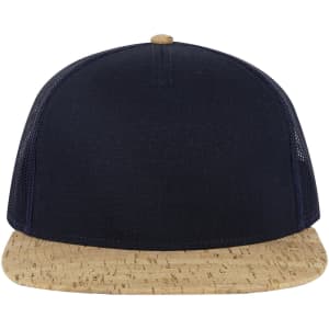 A navy trucker cap with a cork brim and mesh sides, featuring a logo on the front.