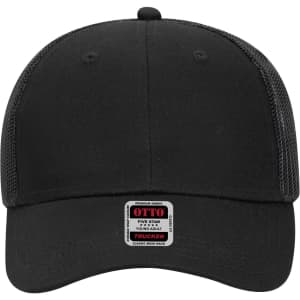 A black 6 panel low profile trucker cap with a mesh back and a logo label on the front.