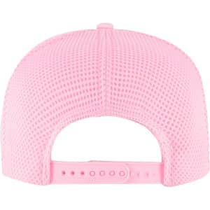 A pink 5 Panel High Crown Air Mesh Back Trucker Hat featuring a mesh design and an adjustable strap.