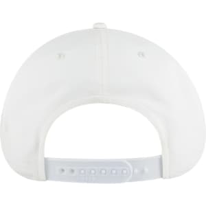 A white 5 panel pro style snapback cap featuring a branded logo on the back and an adjustable strap.