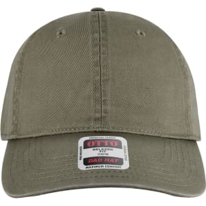 A low profile 6-panel dad cap in olive green with a logo on the front.