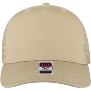 A youth-sized, mid-profile trucker cap in beige, featuring a mesh back and a branding label.