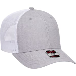 A grey 6-panel low profile trucker cap with a white mesh back and a logo on the front.