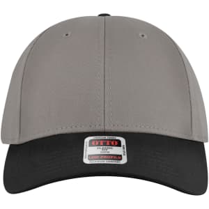 A grey and black 6 panel low profile baseball cap featuring a logo on the front.