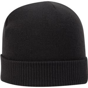 A black knitted beanie featuring a ribbed cuff and a smooth top, with a logo present.