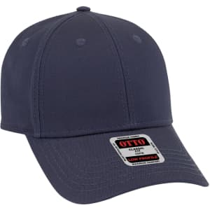 A navy blue 6 panel low profile baseball cap with a logo on the front and a curved brim.