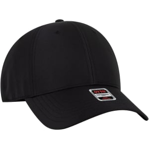 A black six-panel low profile style baseball cap with a logo on the front.