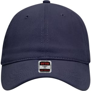 A navy blue 6 panel low profile baseball dad cap with a logo on the front and eyelets for ventilation.