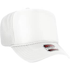 A white 5 Panel High Crown Air Mesh Back Trucker Hat with a branded logo and a flexible mesh back.