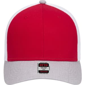 A red and grey six-panel low profile trucker cap with mesh back and a branded label.