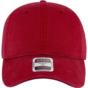 A red 6-panel low profile dad cap with a curved brim and a tag. The cap features a logo on the front.