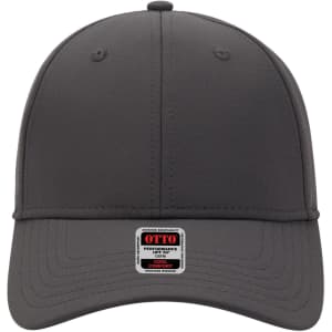 A grey UPF 50+ six-panel low-profile baseball cap with a logo tag on the front.
