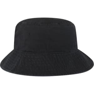 A black bucket hat featuring a wide brim and textured material. It includes a logo on the side.
