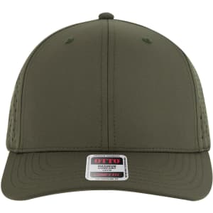 A mid-profile baseball cap in olive green featuring ventilation holes and a logo on the front.