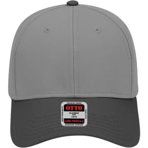 A grey and black 6 panel low profile baseball cap featuring a logo on the front.