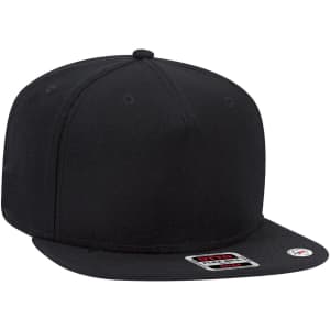 A black snapback cap with a flat brim, featuring eyelets and a logo on the side.